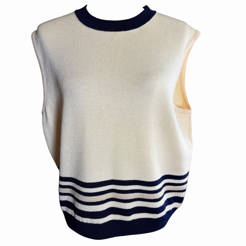 St John Collection By Marie Gray Sweater Vest Ecru Stripes Large Old Money Prep